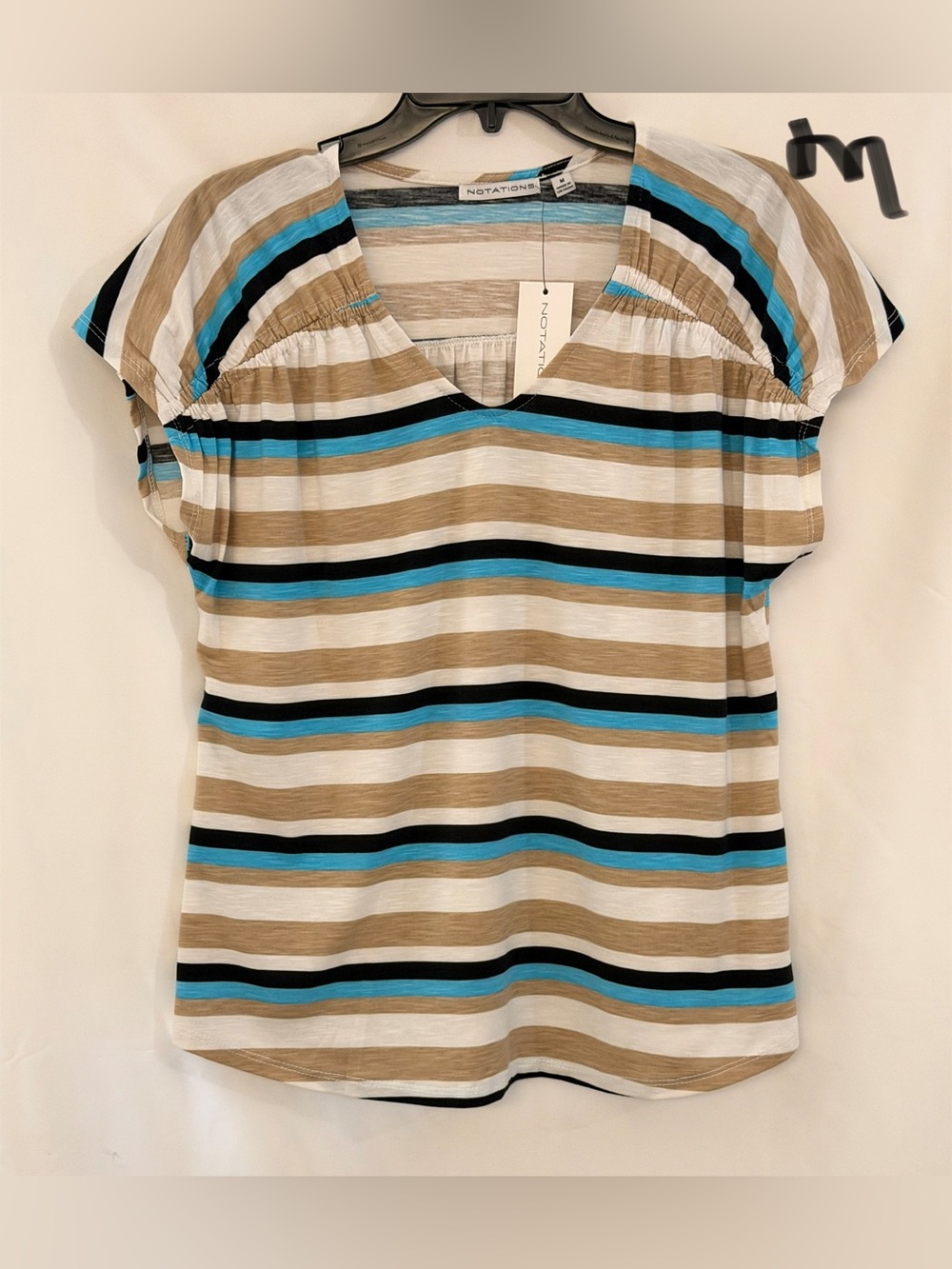 Notations Striped V-Neck Short Sleeve Top in Beige, Blue & Black